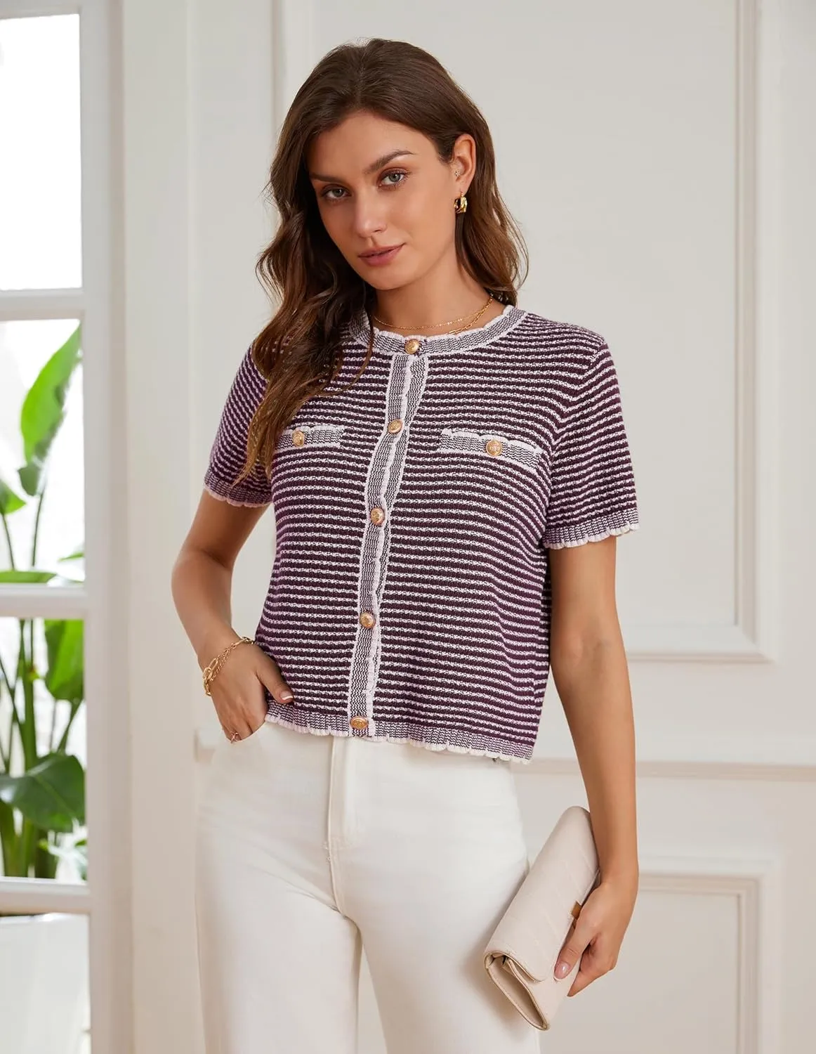 GRACE KARIN Women's 2025 Summer Striped Cardigan Sweaters Casual Short Sleeve Open Front Button Down Knit Sweater Tops