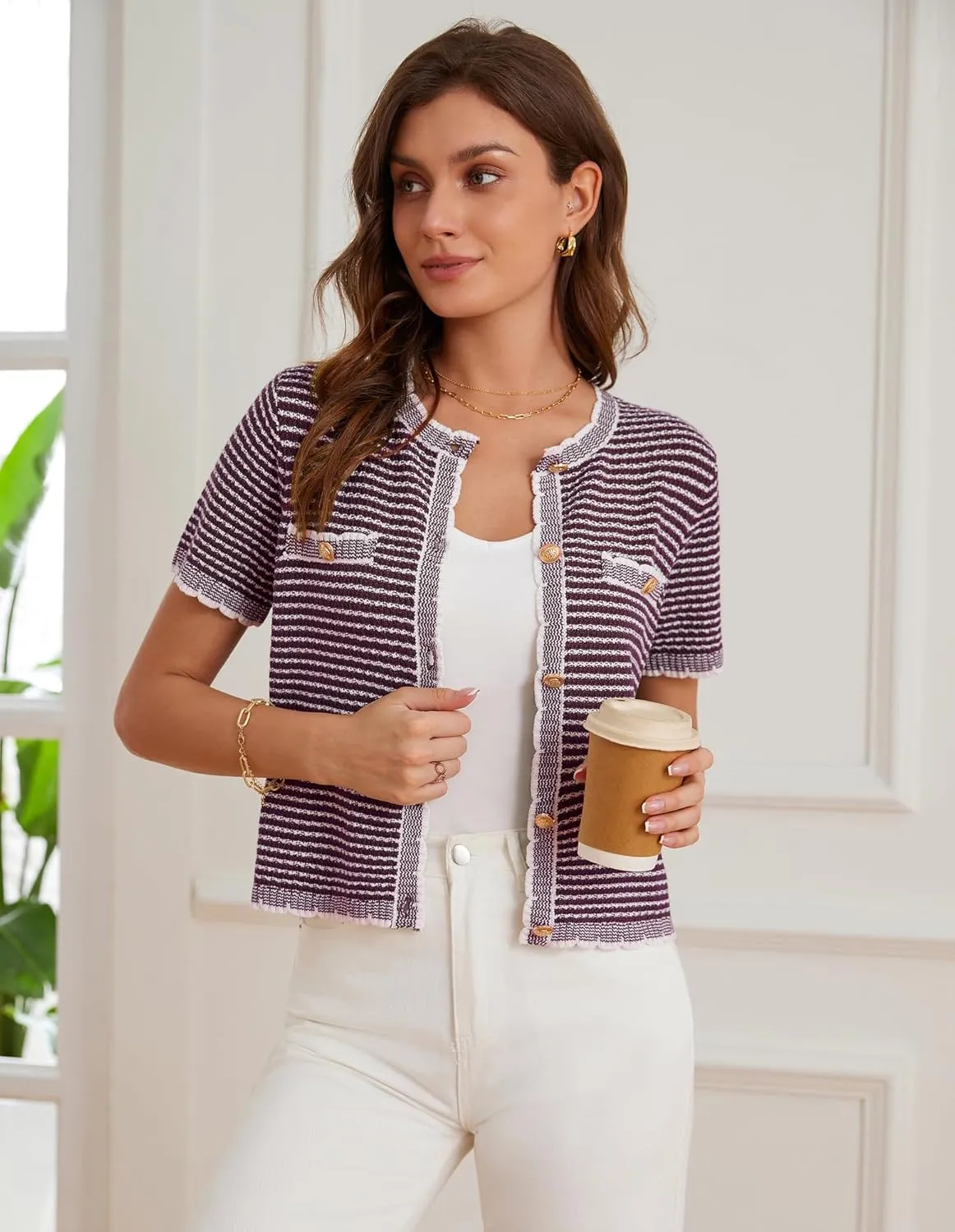 GRACE KARIN Women's 2025 Summer Striped Cardigan Sweaters Casual Short Sleeve Open Front Button Down Knit Sweater Tops