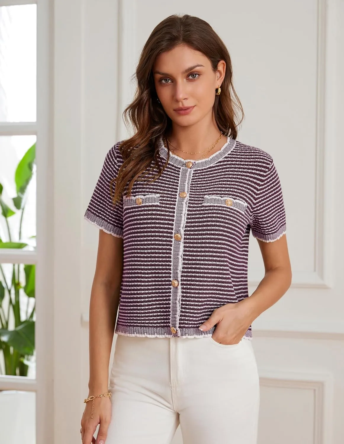 GRACE KARIN Women's 2025 Summer Striped Cardigan Sweaters Casual Short Sleeve Open Front Button Down Knit Sweater Tops