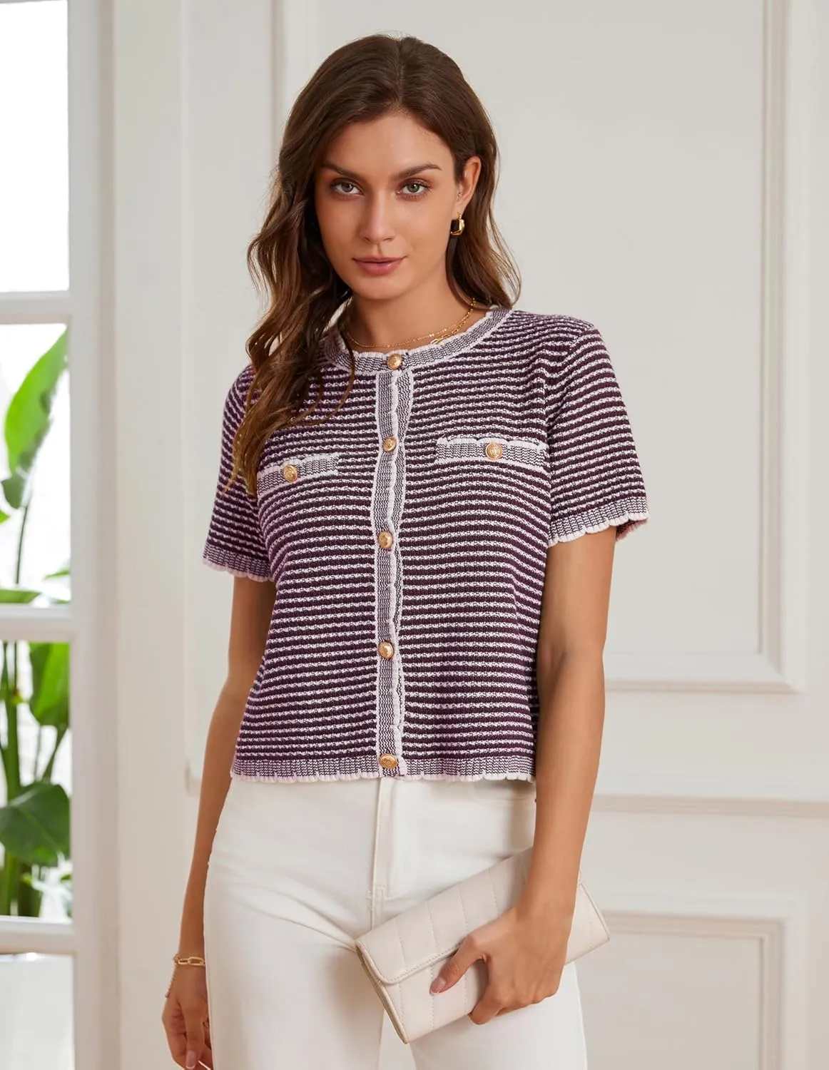 GRACE KARIN Women's 2025 Summer Striped Cardigan Sweaters Casual Short Sleeve Open Front Button Down Knit Sweater Tops