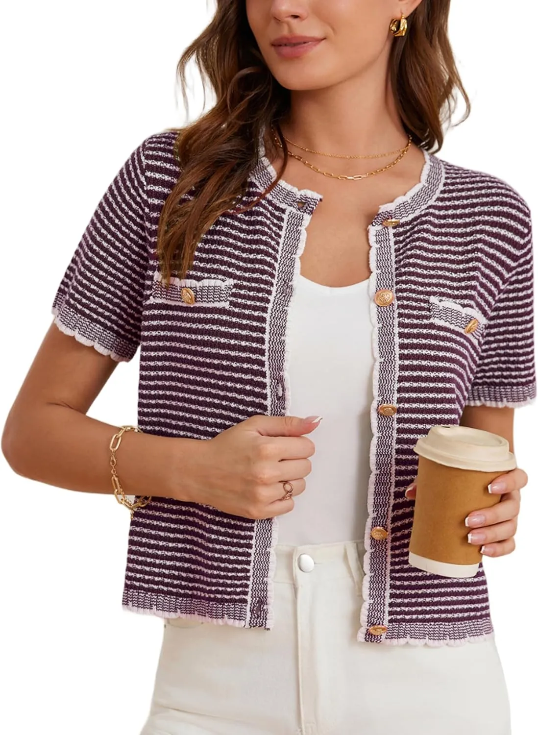 GRACE KARIN Women's 2025 Summer Striped Cardigan Sweaters Casual Short Sleeve Open Front Button Down Knit Sweater Tops