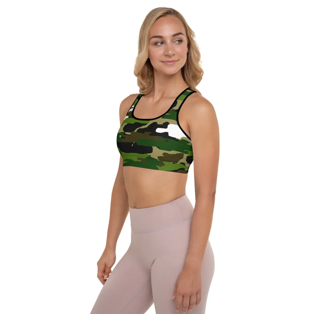 Green Camo Women's Sports Bra, White Military Padded Workout Bra- Made in USA/EU