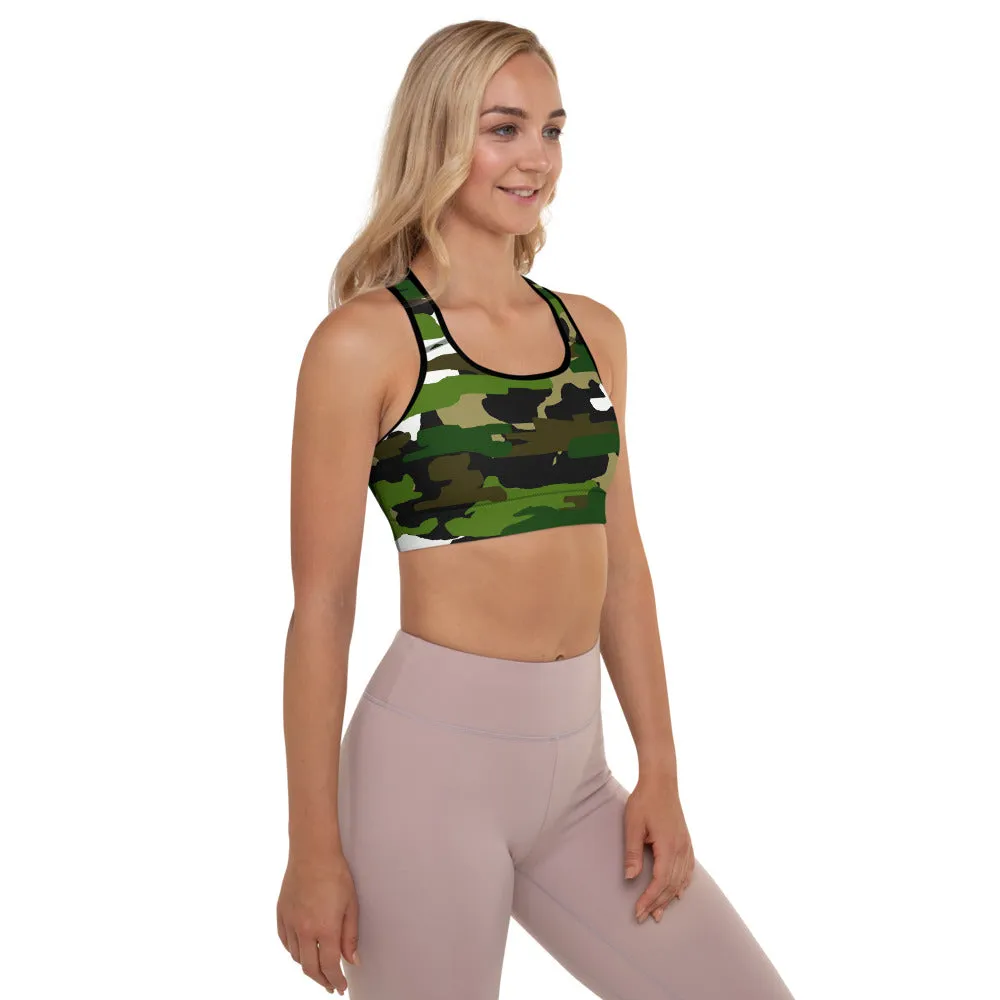 Green Camo Women's Sports Bra, White Military Padded Workout Bra- Made in USA/EU