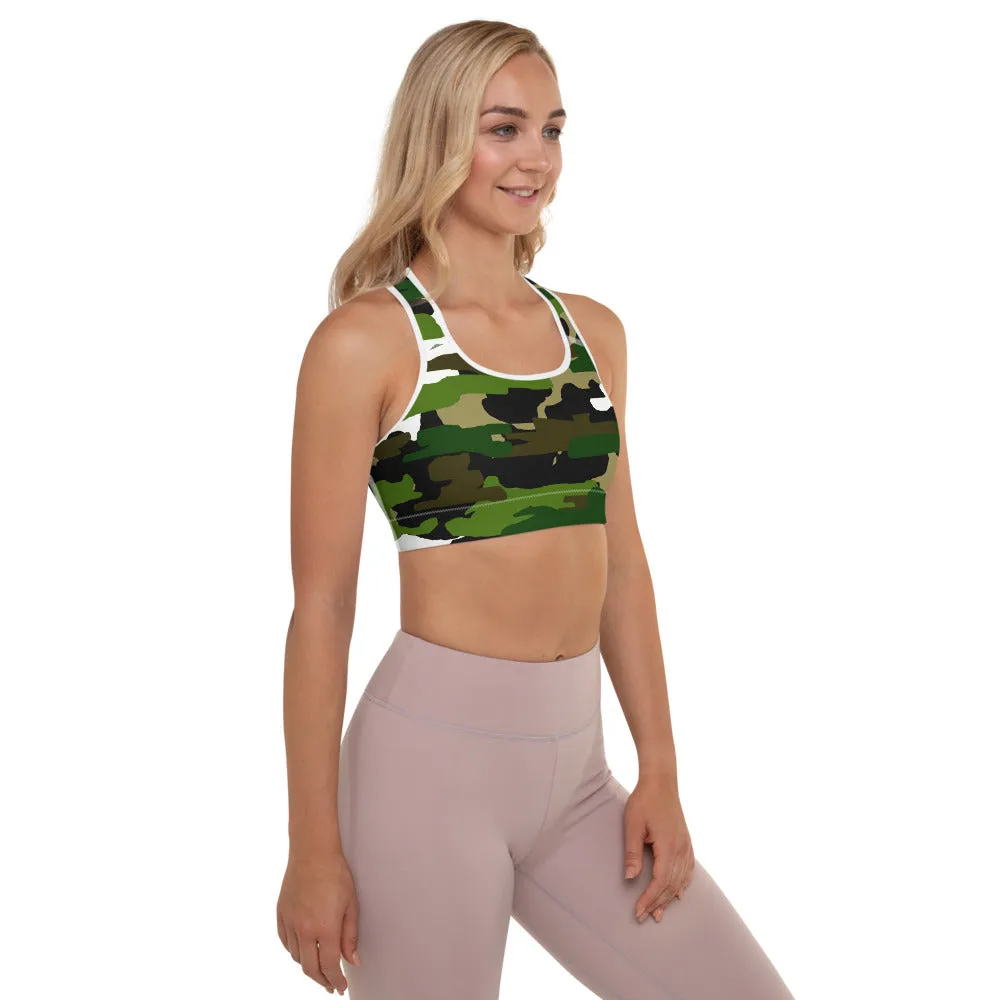 Green Camo Women's Sports Bra, White Military Padded Workout Bra- Made in USA/EU