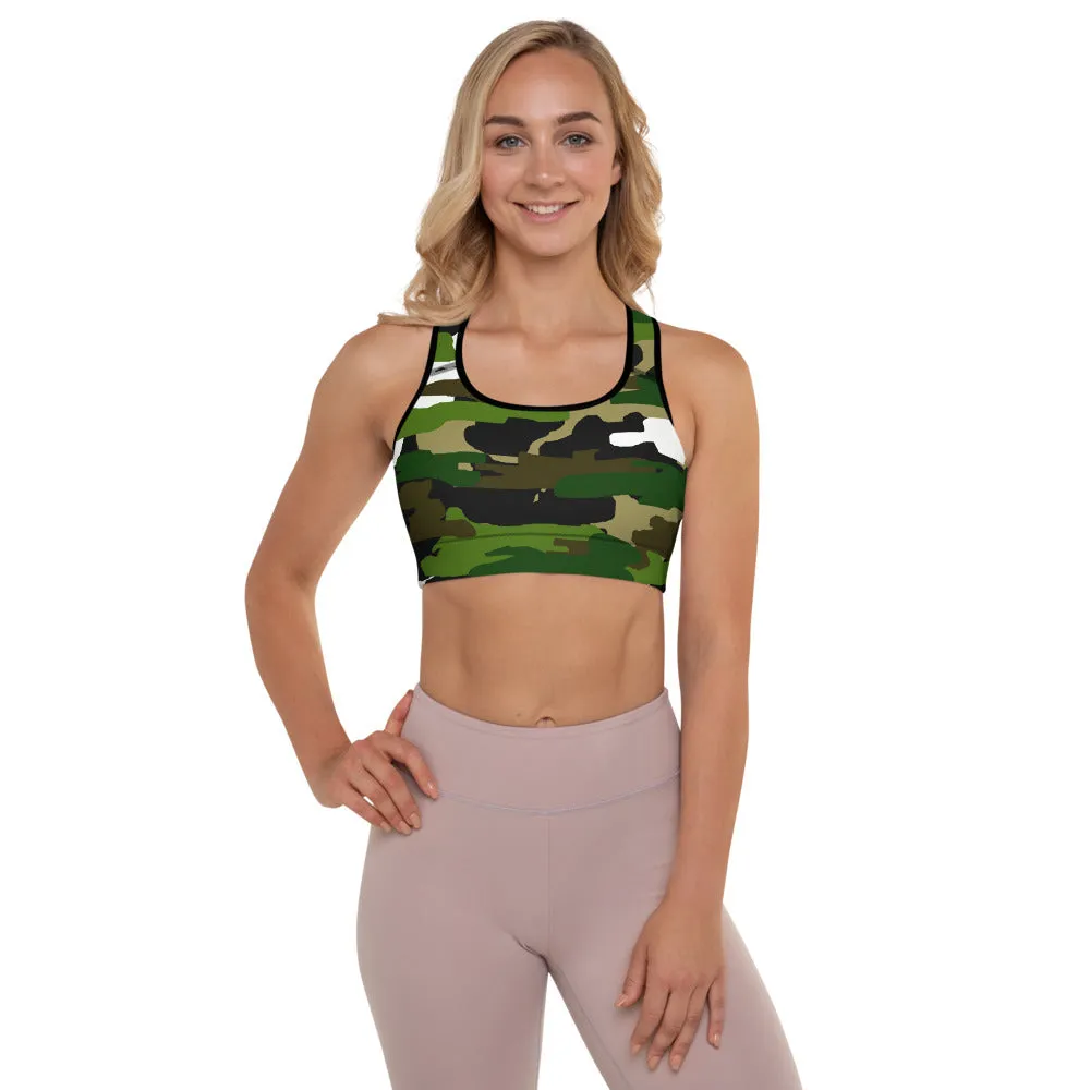 Green Camo Women's Sports Bra, White Military Padded Workout Bra- Made in USA/EU
