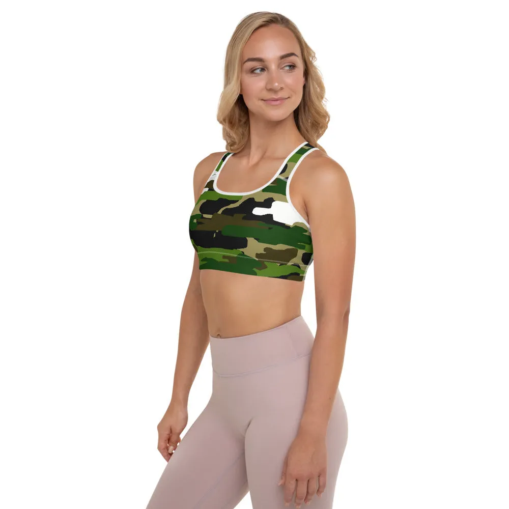 Green Camo Women's Sports Bra, White Military Padded Workout Bra- Made in USA/EU