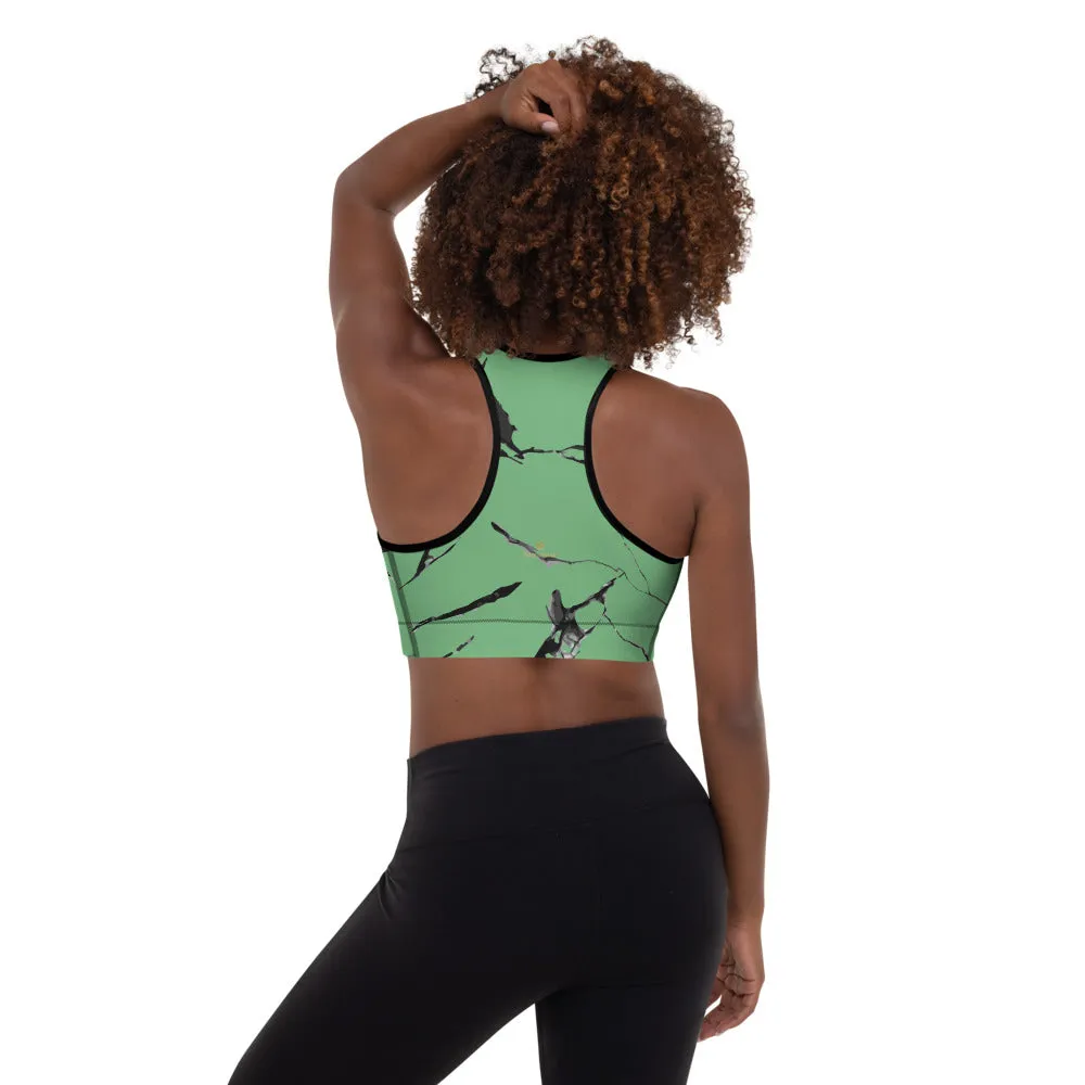 Green Marble Sports Bra, Pastel Light Green Women's Padded Fitness Bra- Made in USA/ EU