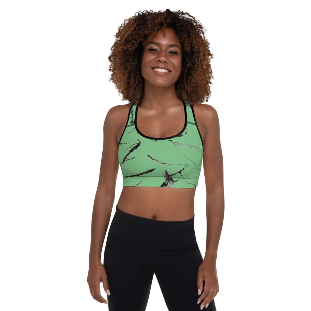 Green Marble Sports Bra, Pastel Light Green Women's Padded Fitness Bra- Made in USA/ EU