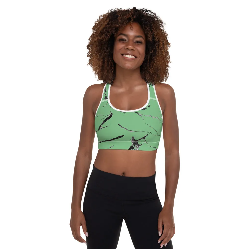 Green Marble Sports Bra, Pastel Light Green Women's Padded Fitness Bra- Made in USA/ EU