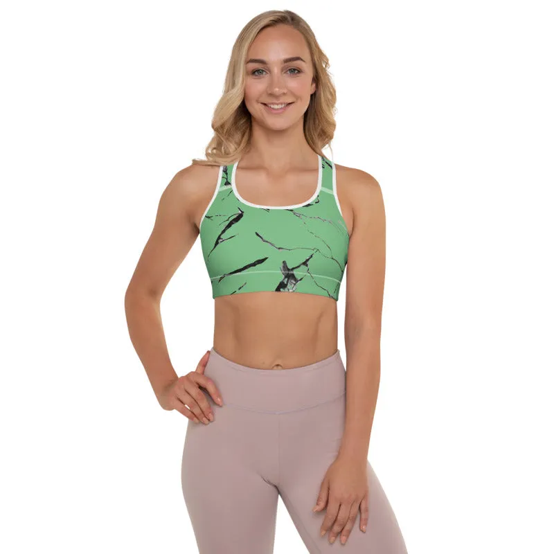 Green Marble Sports Bra, Pastel Light Green Women's Padded Fitness Bra- Made in USA/ EU