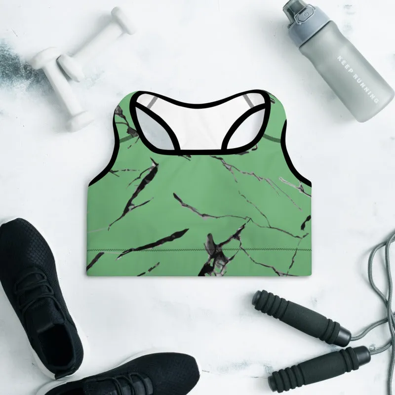 Green Marble Sports Bra, Pastel Light Green Women's Padded Fitness Bra- Made in USA/ EU