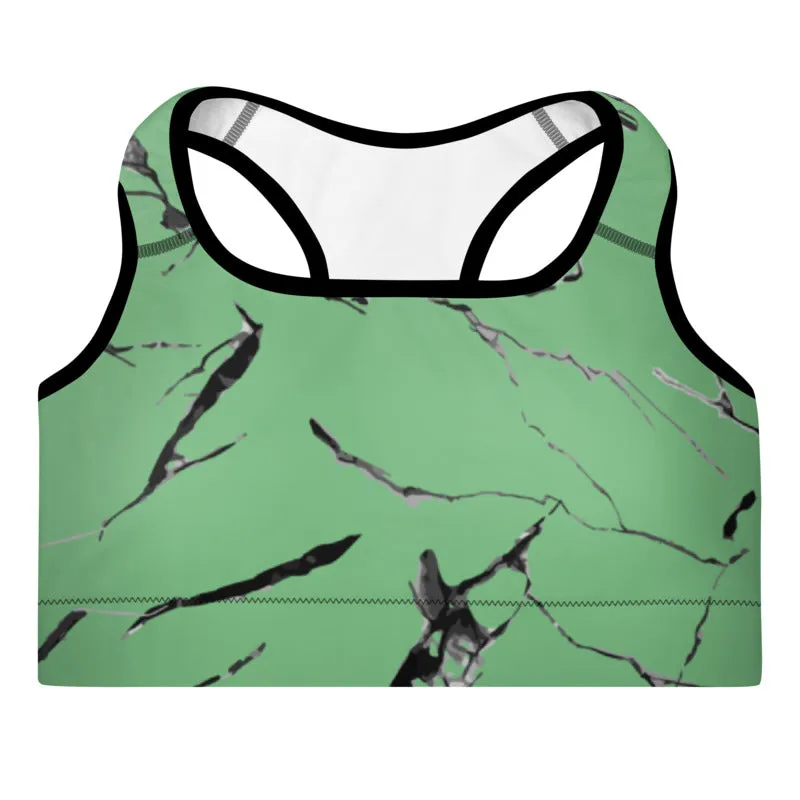 Green Marble Sports Bra, Pastel Light Green Women's Padded Fitness Bra- Made in USA/ EU