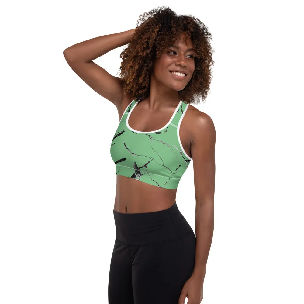 Green Marble Sports Bra, Pastel Light Green Women's Padded Fitness Bra- Made in USA/ EU