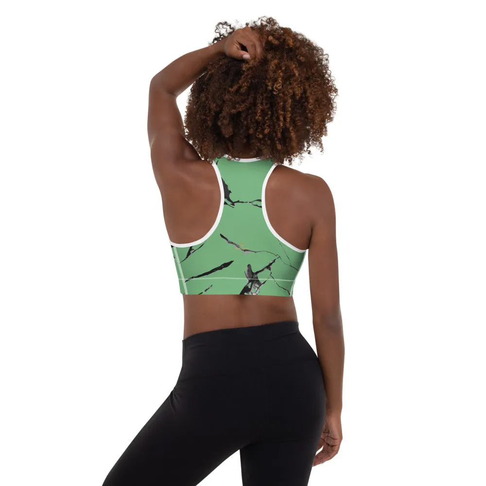 Green Marble Sports Bra, Pastel Light Green Women's Padded Fitness Bra- Made in USA/ EU