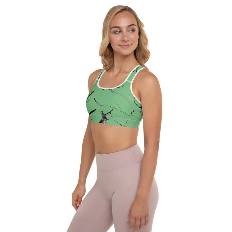 Green Marble Sports Bra, Pastel Light Green Women's Padded Fitness Bra- Made in USA/ EU