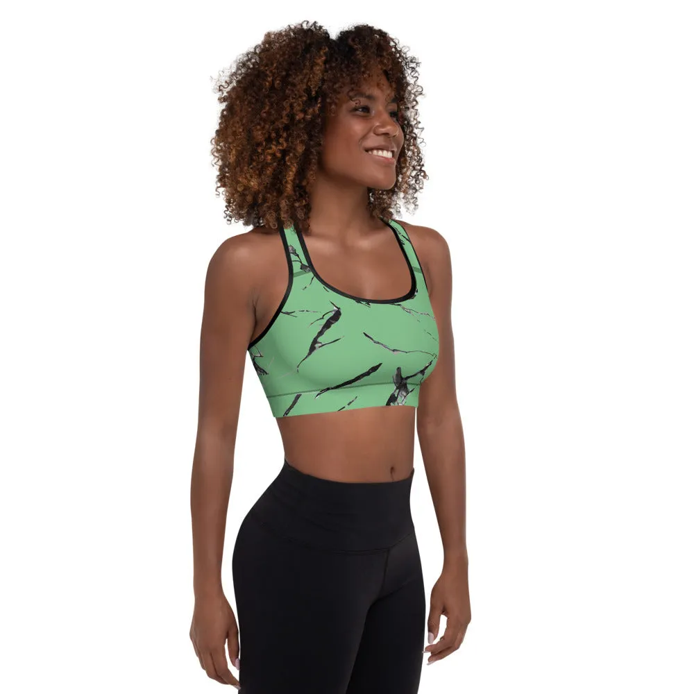 Green Marble Sports Bra, Pastel Light Green Women's Padded Fitness Bra- Made in USA/ EU