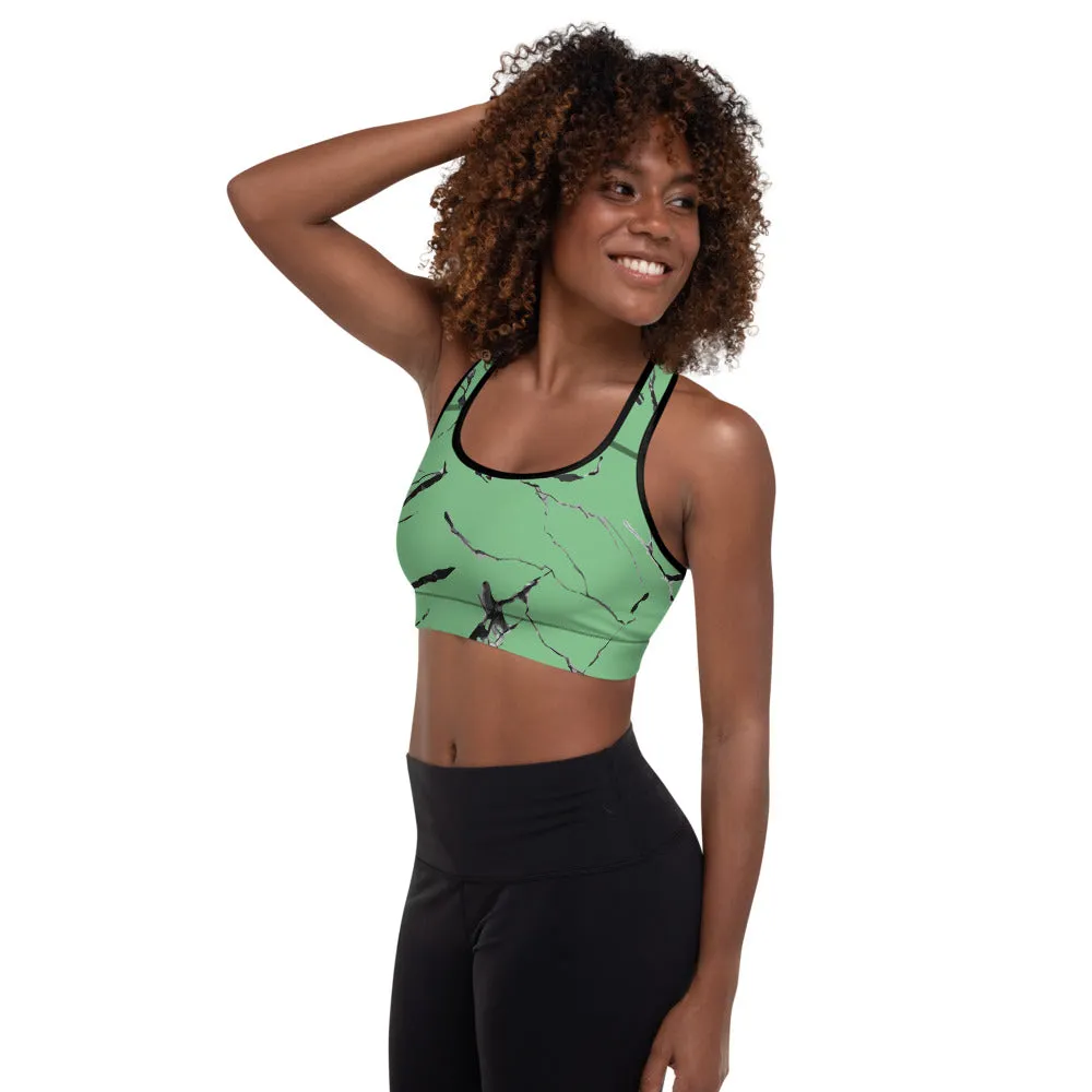 Green Marble Sports Bra, Pastel Light Green Women's Padded Fitness Bra- Made in USA/ EU