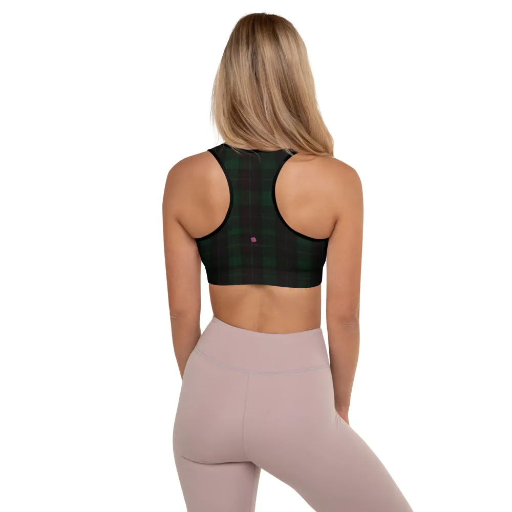 Green Plaid Print Gym Bra, Scottish Style Plaid Print Ladies' Designer Padded Sports Bra-Made in USA/EU/MX