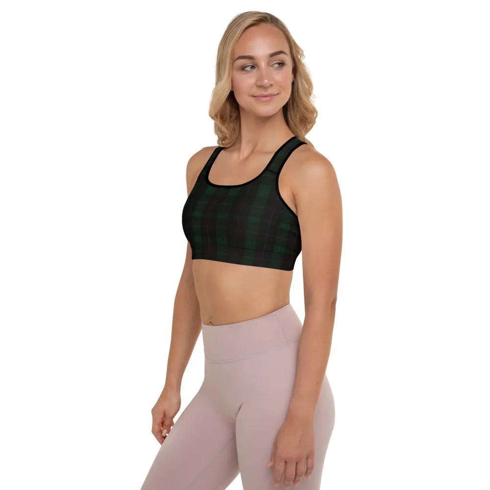 Green Plaid Print Gym Bra, Scottish Style Plaid Print Ladies' Designer Padded Sports Bra-Made in USA/EU/MX