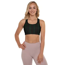Green Plaid Print Gym Bra, Scottish Style Plaid Print Ladies' Designer Padded Sports Bra-Made in USA/EU/MX