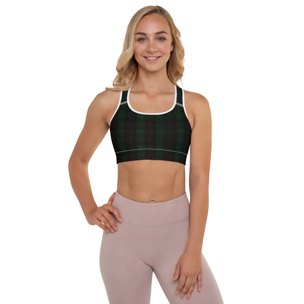 Green Plaid Print Gym Bra, Scottish Style Plaid Print Ladies' Designer Padded Sports Bra-Made in USA/EU/MX