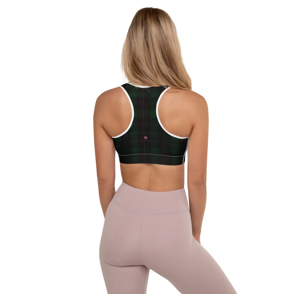 Green Plaid Print Gym Bra, Scottish Style Plaid Print Ladies' Designer Padded Sports Bra-Made in USA/EU/MX