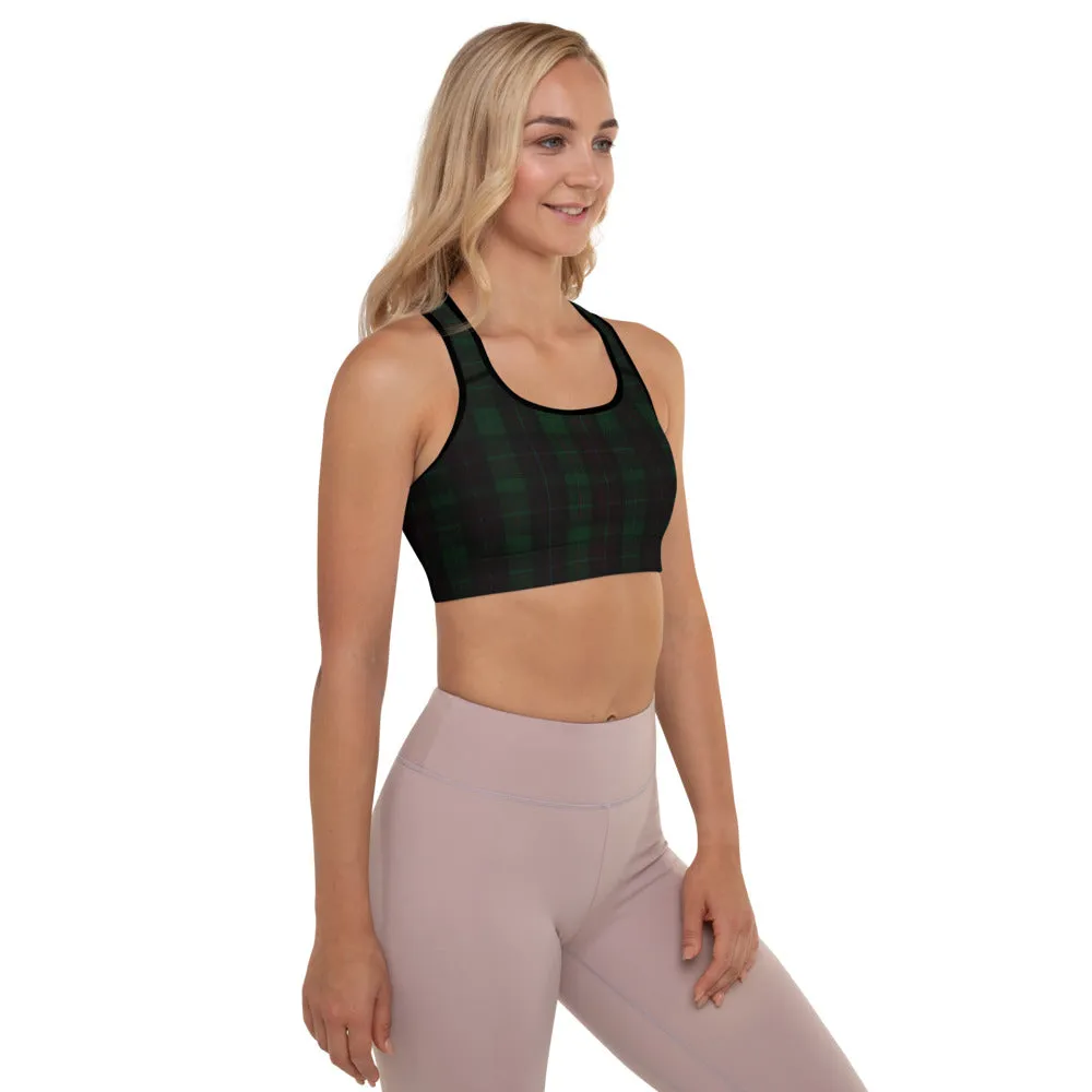 Green Plaid Print Gym Bra, Scottish Style Plaid Print Ladies' Designer Padded Sports Bra-Made in USA/EU/MX