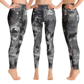 Grey Floral Rose Women's Leggings, Premium Fitted Gym Running Tights-Made in USA/EU