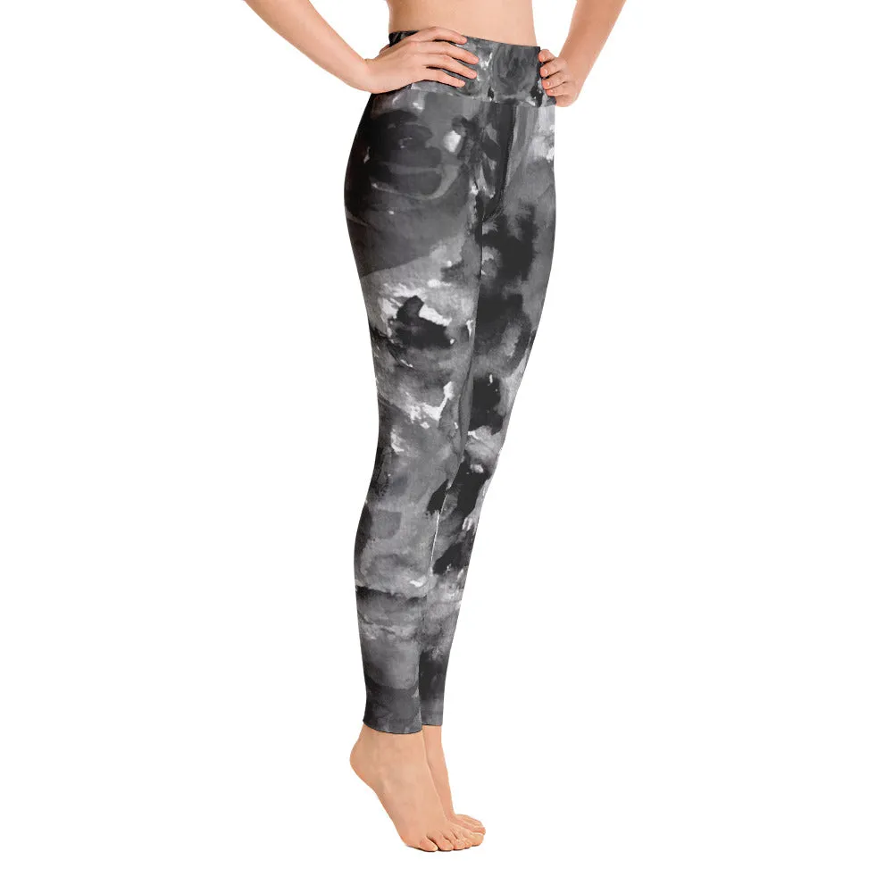 Grey Floral Rose Women's Leggings, Premium Fitted Gym Running Tights-Made in USA/EU