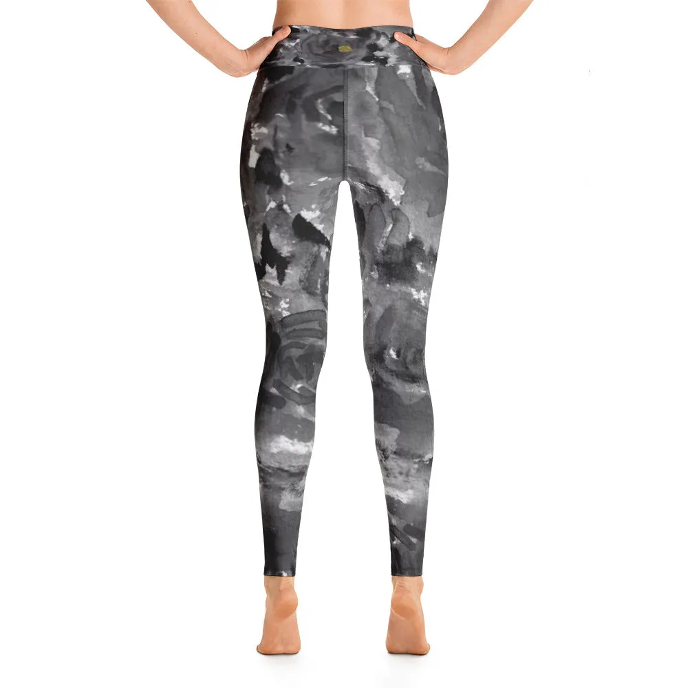 Grey Floral Rose Women's Leggings, Premium Fitted Gym Running Tights-Made in USA/EU