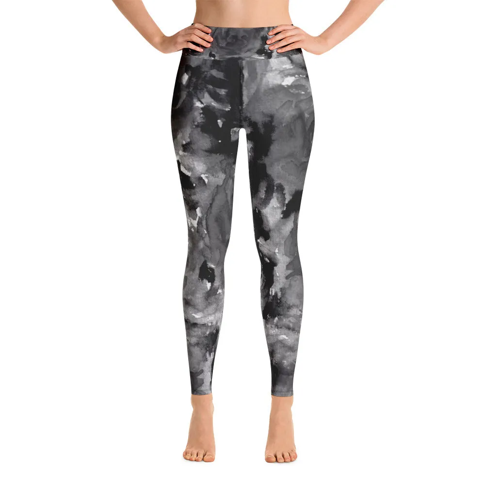 Grey Floral Rose Women's Leggings, Premium Fitted Gym Running Tights-Made in USA/EU