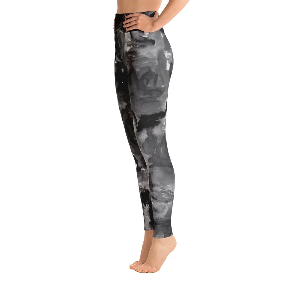 Grey Floral Rose Women's Leggings, Premium Fitted Gym Running Tights-Made in USA/EU