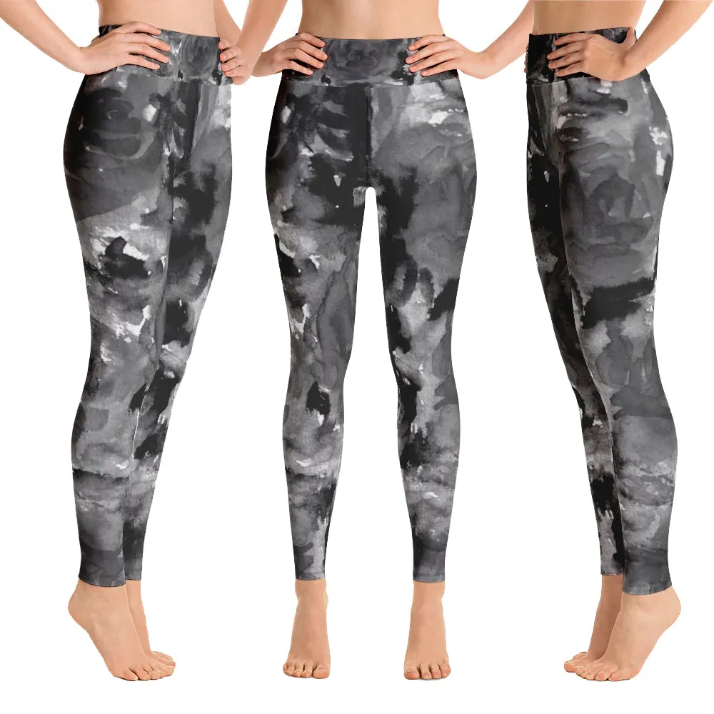Grey Floral Rose Women's Leggings, Premium Fitted Gym Running Tights-Made in USA/EU
