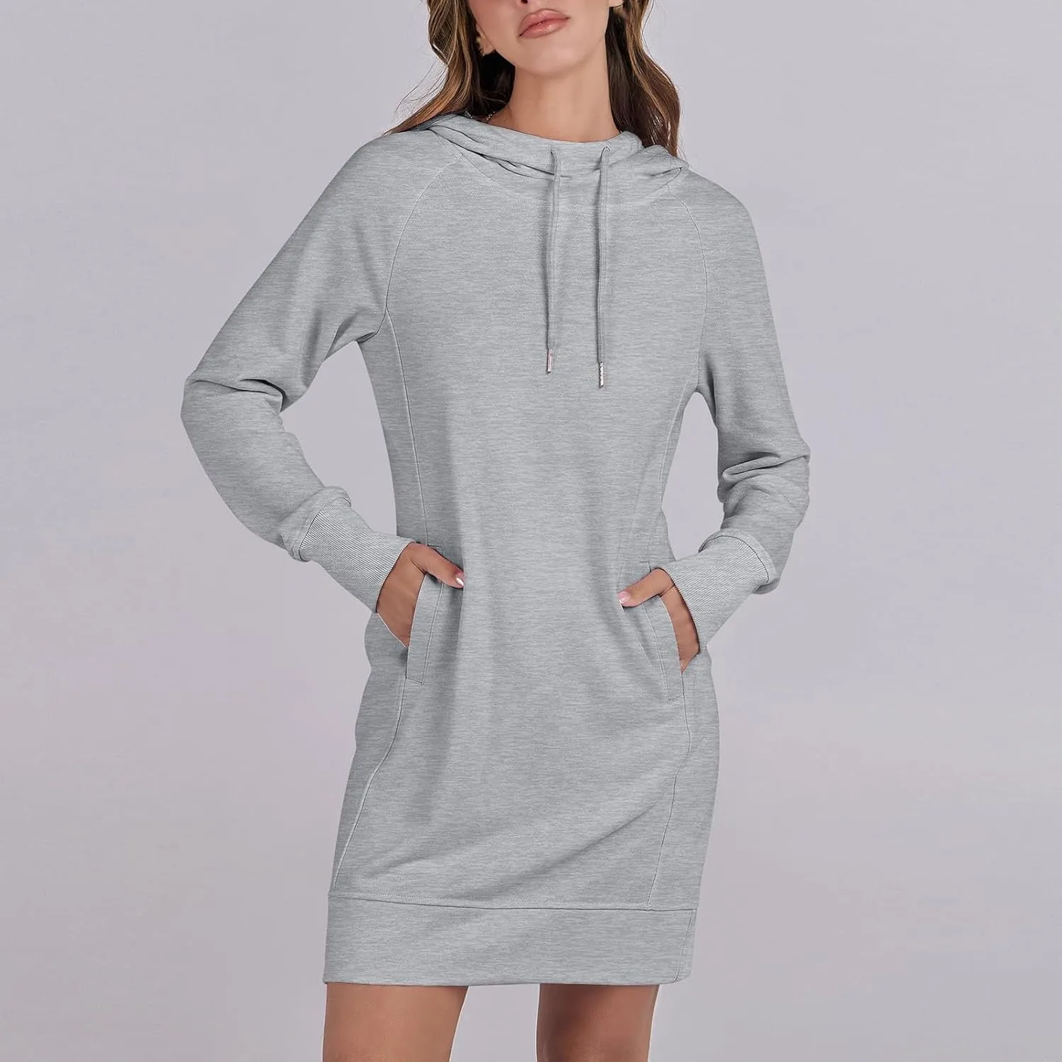Hoodie Dress for Women Athleisure Drawstring Hooded Sweatshirt Dress Casual Long Sleeve Tunic Dress with Pockets