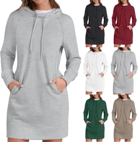 Hoodie Dress for Women Athleisure Drawstring Hooded Sweatshirt Dress Casual Long Sleeve Tunic Dress with Pockets