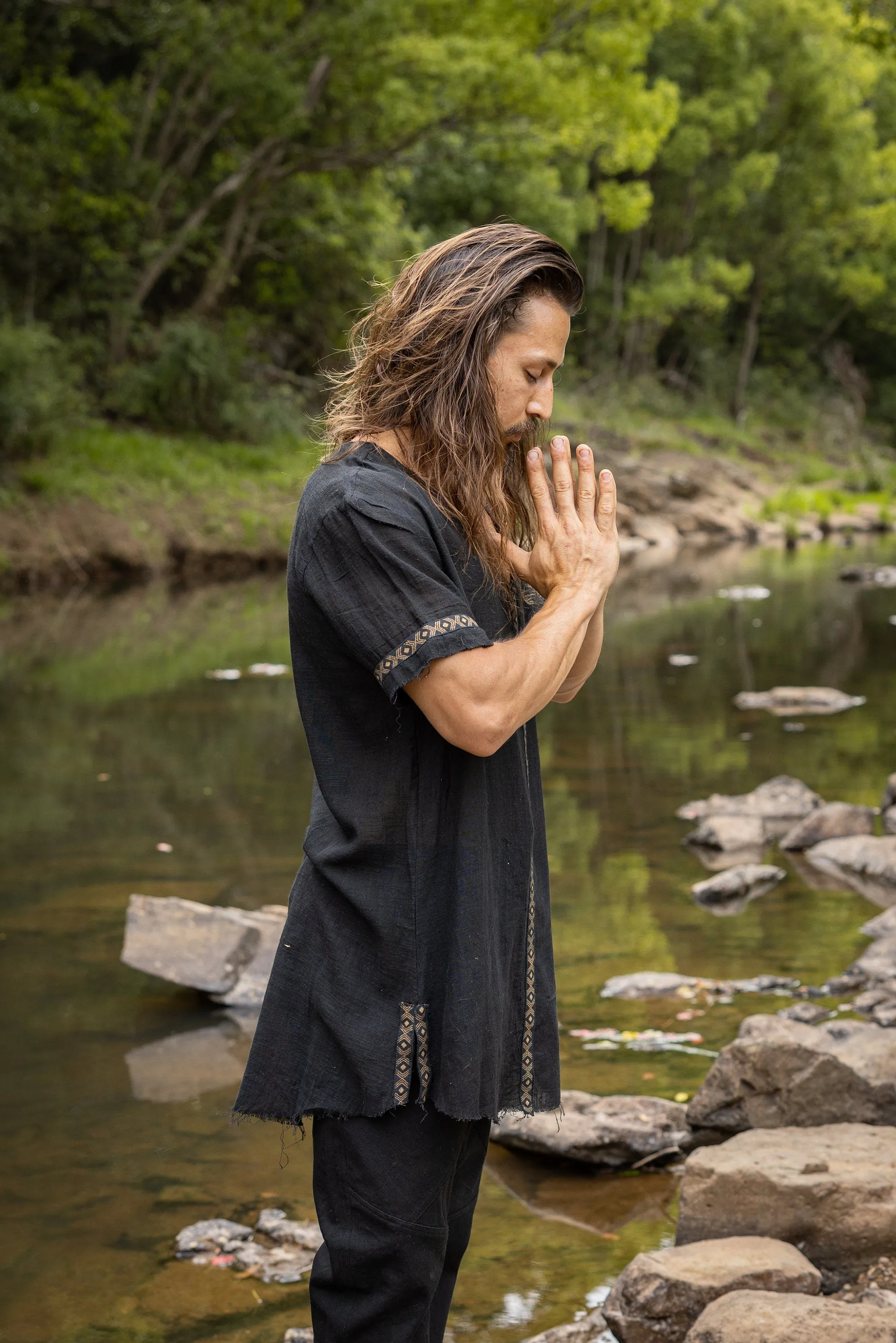 IKRAN Mens Black Cotton T Shirt Top Stone Washed Naturally Dyed Tribal Pattern Open V Neck Breathable Festival Ceremony Ritual Shaman AJJAYA