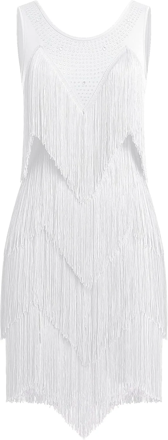 IWEMEK Rhinestones Layered Fringe Dress Ballroom Latin Dance Dress for Women Tiered Tassel Flapper Dresses Dancing Costume