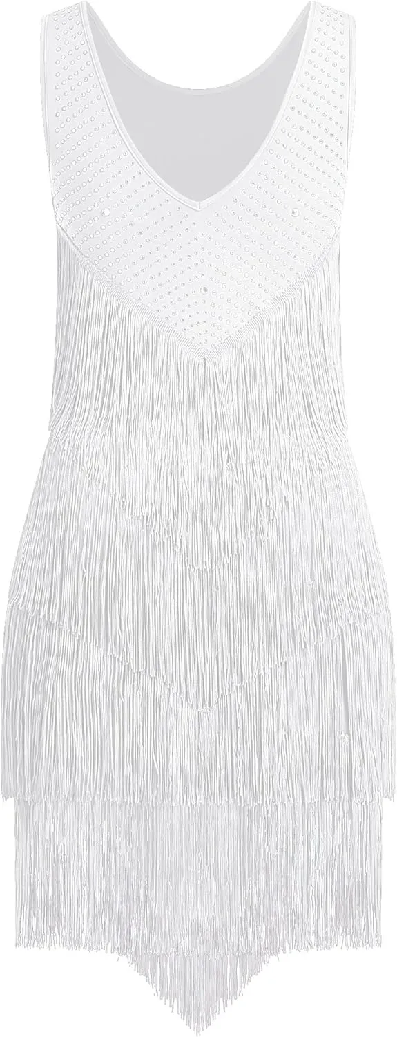 IWEMEK Rhinestones Layered Fringe Dress Ballroom Latin Dance Dress for Women Tiered Tassel Flapper Dresses Dancing Costume