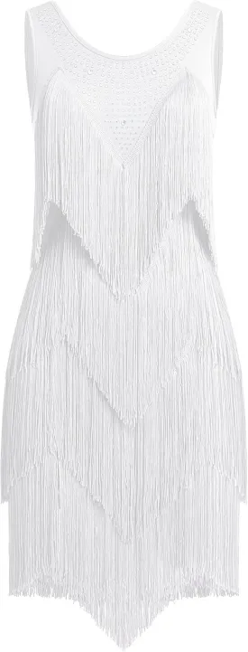 IWEMEK Rhinestones Layered Fringe Dress Ballroom Latin Dance Dress for Women Tiered Tassel Flapper Dresses Dancing Costume