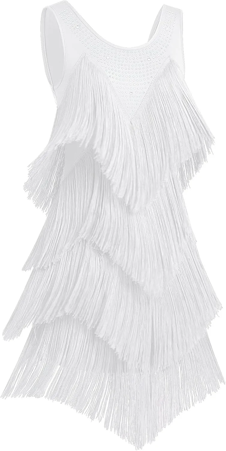 IWEMEK Rhinestones Layered Fringe Dress Ballroom Latin Dance Dress for Women Tiered Tassel Flapper Dresses Dancing Costume