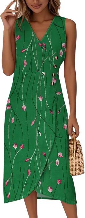 Kenvina Maxi Dresses for Women Summer Sleeveless Beach Vacation Dress Wrap Tank Dress Casual V Neck Irregular Hem Sundress