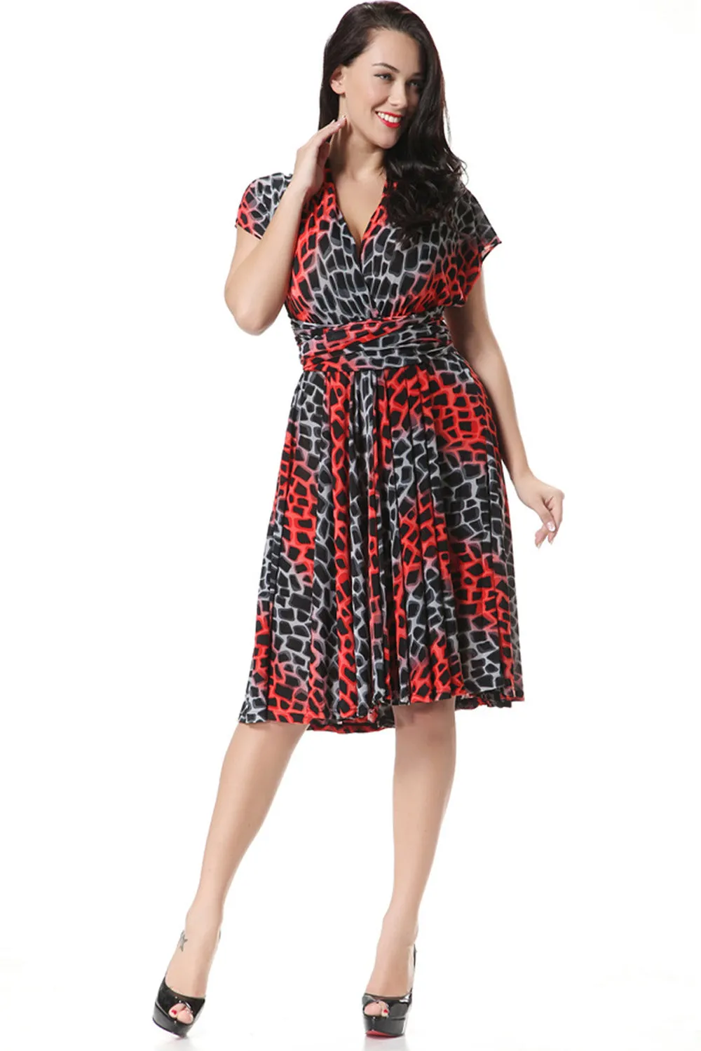 Ketty More Women Stylish Printed Pattern Easy V-Neck Slim Fit Waist Summer Knee Length Fashionable Dress-KMWD383