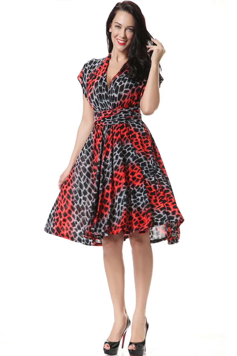 Ketty More Women Stylish Printed Pattern Easy V-Neck Slim Fit Waist Summer Knee Length Fashionable Dress-KMWD383
