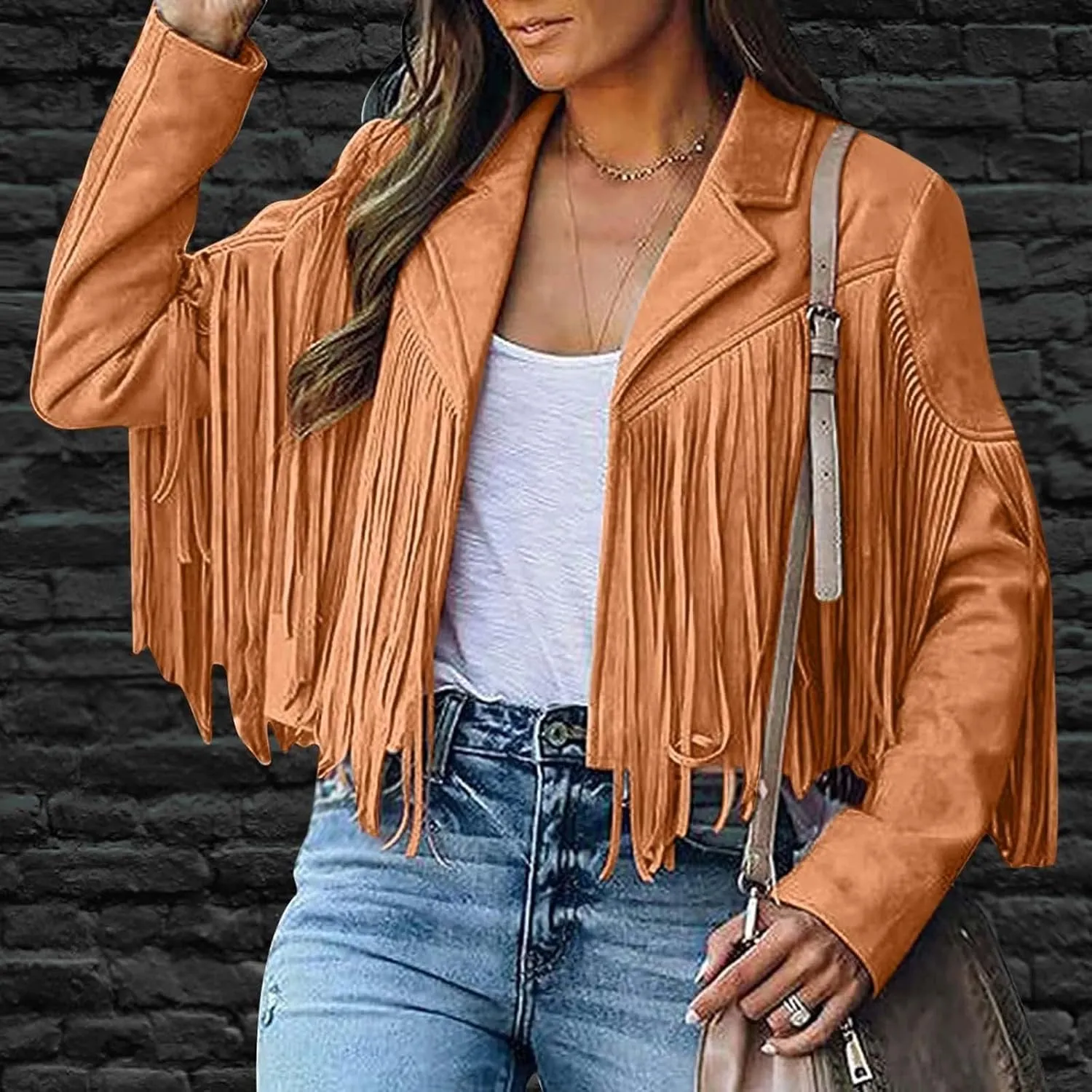 Kubbon Women's Fringe Faux Suede Leather Jackets 2024 Fall Long Sleeve Tassel Cropped Cowboy Coats Motorcycle Outfits