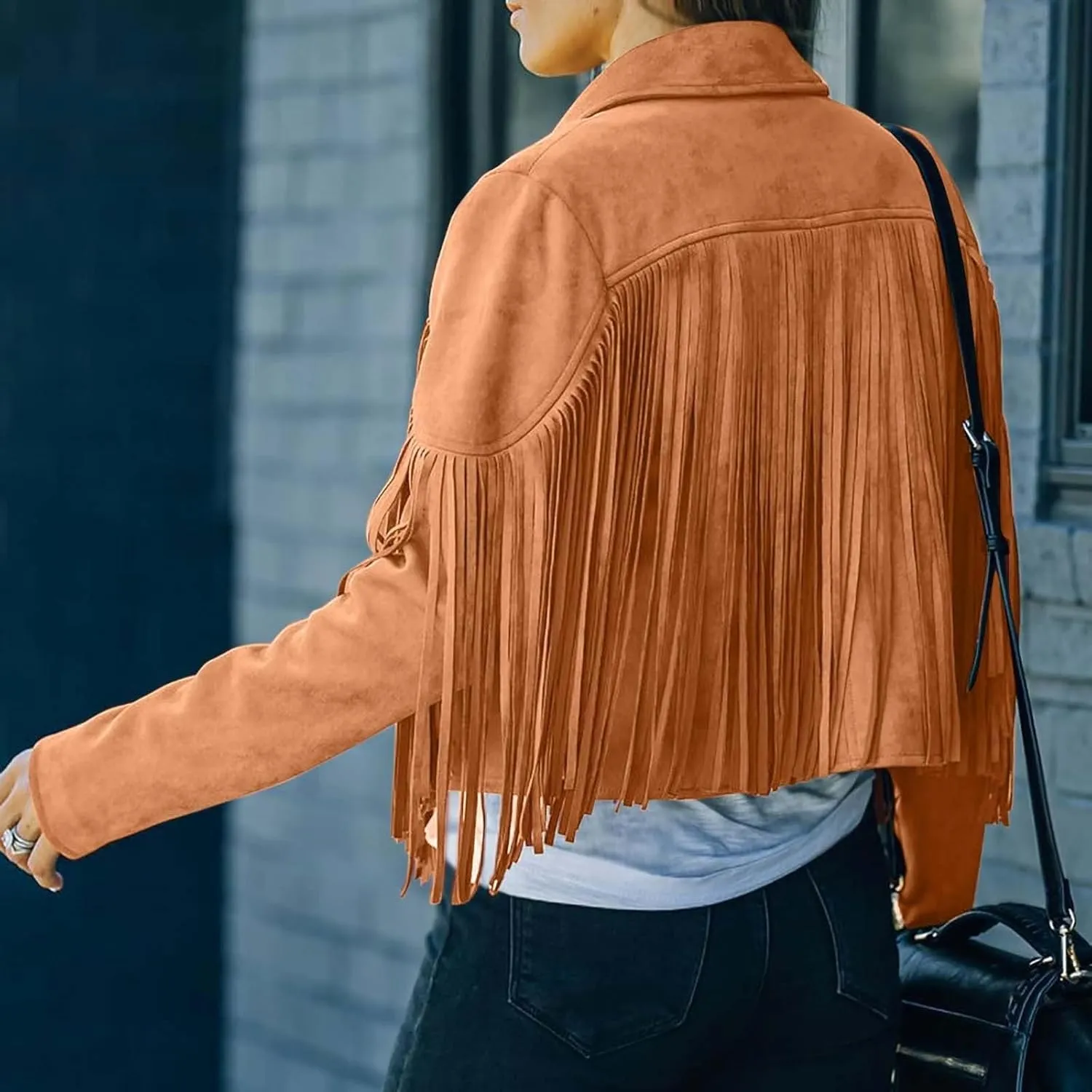 Kubbon Women's Fringe Faux Suede Leather Jackets 2024 Fall Long Sleeve Tassel Cropped Cowboy Coats Motorcycle Outfits
