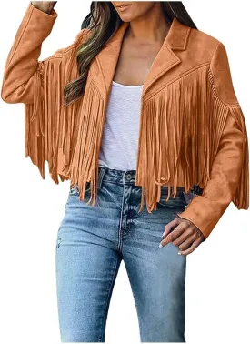 Kubbon Women's Fringe Faux Suede Leather Jackets 2024 Fall Long Sleeve Tassel Cropped Cowboy Coats Motorcycle Outfits