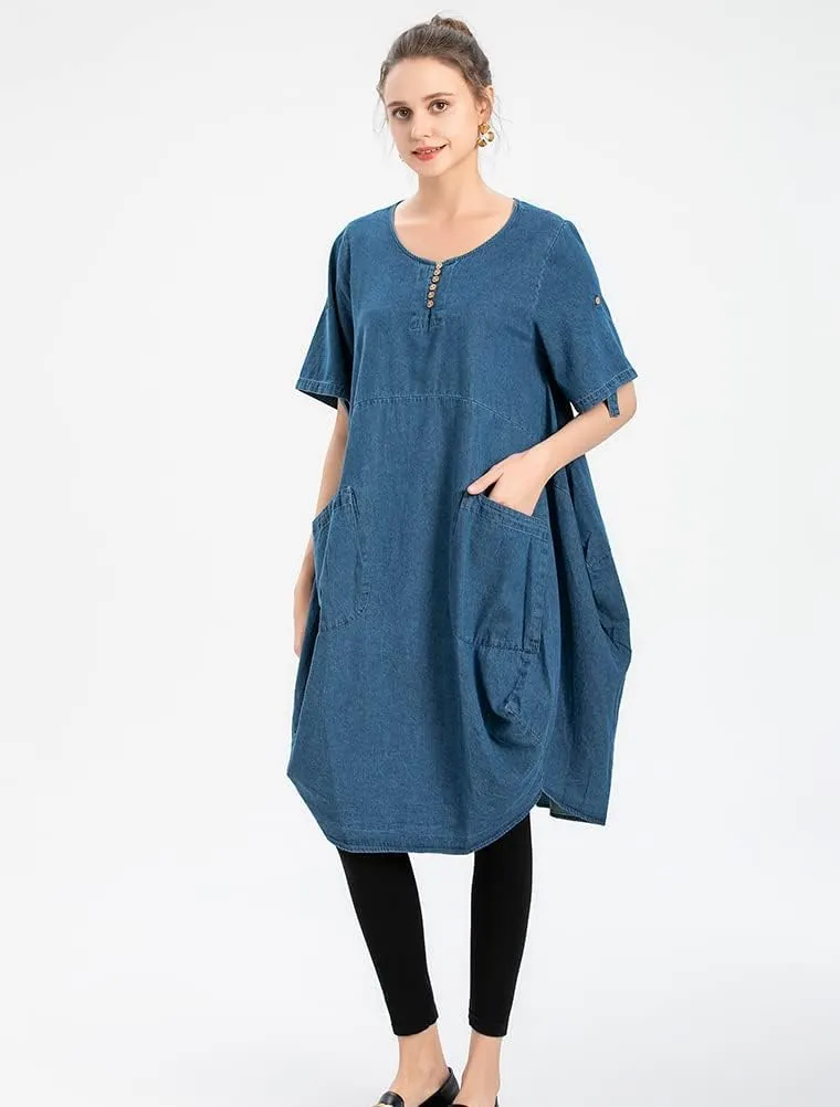 LaovanIn Women's Plus Size Tunic Dress Summer Cotton Linen T Shirt Knee-Length Dresses