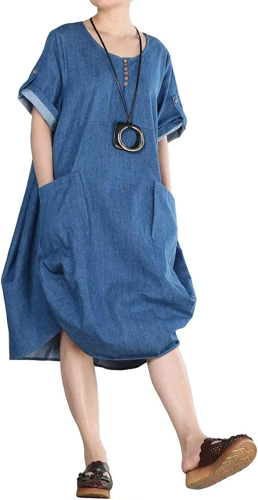 LaovanIn Women's Plus Size Tunic Dress Summer Cotton Linen T Shirt Knee-Length Dresses