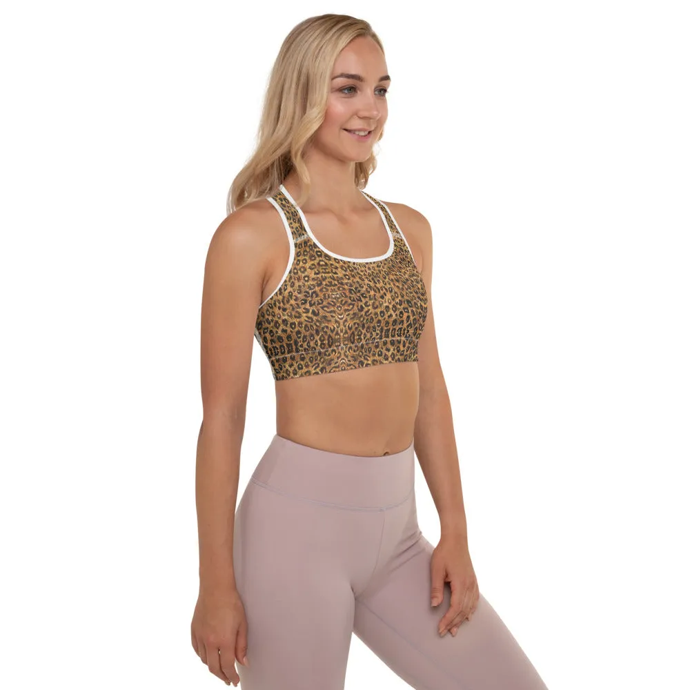 Leopard Padded Sports Bra, Brown Cute Animal Print Women's Fitness Bra-Made in USA/EU