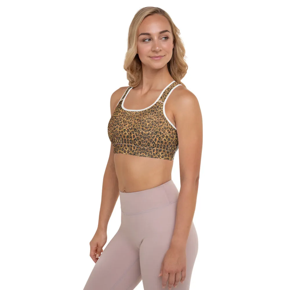 Leopard Padded Sports Bra, Brown Cute Animal Print Women's Fitness Bra-Made in USA/EU